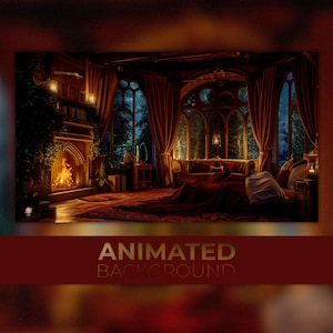 Fondo animado, sala de estar con chimenea, habitación hermosa, fantasía con chimenea, habitación principal, espacio acogedor, fondo de Twitch Stream Zoom Vtuber