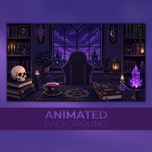 May include: A digital illustration of a gothic study in purple hues. A skull, books, candles, and a crystal are on the desk. The text "ANIMATED BACKGROUND" is at the bottom. A window shows a night sky and castle.