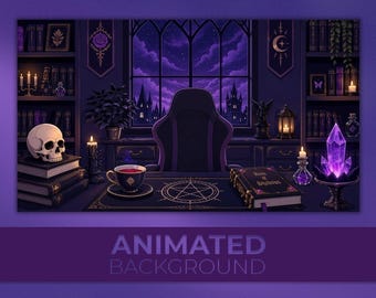 Animated Background, Gothic Witch Room, Purple Magic Study, Skull Crystal Desk, Twitch Stream Zoom VTuber Background