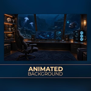 Puede incluir: Un fondo animado que muestra una habitación oscura con un escritorio de computadora, una silla de juego y una gran ventana con vista a una escena submarina con medusas y un rape. El texto ANIMATED BACKGROUND aparece en oro abajo.