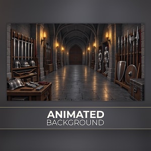 May include: An animated background featuring a stone castle armoury with racks of metal swords, spears, and shields. The scene includes suits of armour, a wooden workbench with gauntlets and helmets, and a long hallway leading to large wooden doors.