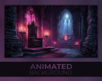 Arrière-plan animé, château de vampire médiéval, salle du trône gothique, dark fantasy, pièce hantée, flux Twitch zoom arrière-plan Vtuber
