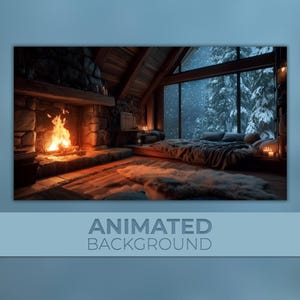 Puede incluir: Imagen de fondo animada de un acogedor interior de cabaña. Una chimenea de piedra con un fuego ardiente está a la izquierda. Una gran ventana revela un bosque nevado. Una cama con almohadas y mantas está a la derecha. El texto "ANIMATED BACKGROUND" está en la parte inferior.