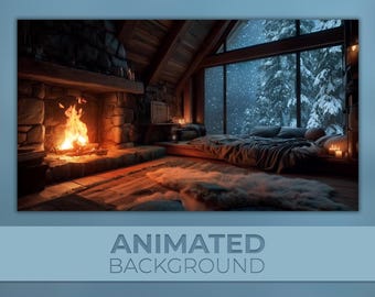 Geanimeerde achtergrond, slaapkamer in een besneeuwde blokhut, kamer met open haard en raam, gezellig winterchalet, Twitch OBS VTuber-achtergrond