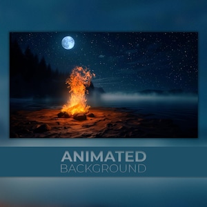 Animated Background, Midnight Campfire, Forest Night, Full Moon, Wilderness Lake, Peaceful Escape, Twitch Stream Vtuber Zoom Background