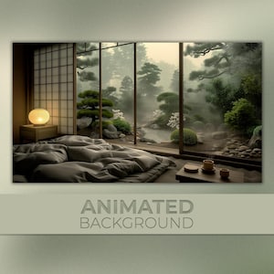 May include: A bedroom with a futon bed and a window overlooking a lush, green, and foggy Japanese garden. The room has a traditional Japanese style with a wooden floor, a sliding door, and a paper lantern hanging from the ceiling.