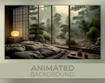 Animated Background, Japanese Garden After Rain, Cloudy Day, Zen Garden, Breath of Tea, Twitch Stream Zoom Vtuber Background