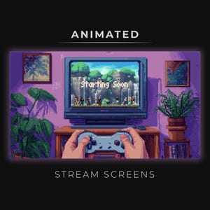May include: A pixelated illustration of a retro video game console with a television screen displaying the text "Starting Soon". The console is on a wooden table with a plant in a pot on the right side of the image. The image is in a retro style and is perfect for a streaming screen.