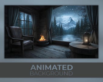 Geanimeerde achtergrond, besneeuwde berghut, winteruitzicht vanuit het raam, gezellige open haard, Twitch OBS VTuber-achtergrond