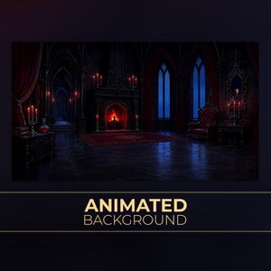 Animerad bakgrund, mörkt vampyrslott, tronrum, röd öppen spis, Twitch Stream Zoom Vtuber-bakgrund