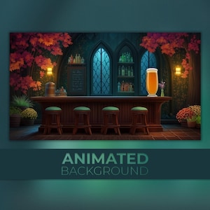 May include: An animated background image of a bar scene. The bar is made of dark wood, with green-cushioned stools. A large glass of beer sits on the bar. The background features arched windows, shelves of bottles, and autumn foliage.
