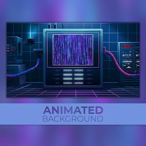 Puede incluir: Ilustración de un fondo animado con una terminal de computadora retro-futurista. La pantalla muestra líneas verticales moradas y azules. El texto "ANIMATED BACKGROUND" está en blanco sobre una pancarta azul.