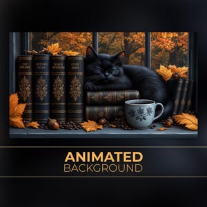 Pode incluir: Um gato preto dormindo sobre uma pilha de livros intitulados Cat Dreams, Autumn Tales, Black Whiskers e Cozy Paws. Ao lado dos livros há uma caneca cinza com estampa de folhas, cercada por grãos de café e folhas de outono alaranjadas.