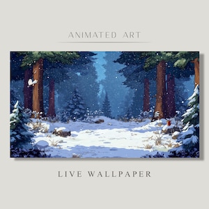 Może przedstawiać: Scenka śnieżnego lasu z wysokimi drzewami i jasnoniebieskim niebem. Ziemia jest pokryta śniegiem, a po całej scenie rozrzucone są małe, pokryte śniegiem kamienie. Drzewa są nagie, a gałęzie pokryte śniegiem. Scena jest spokojna i cicha.