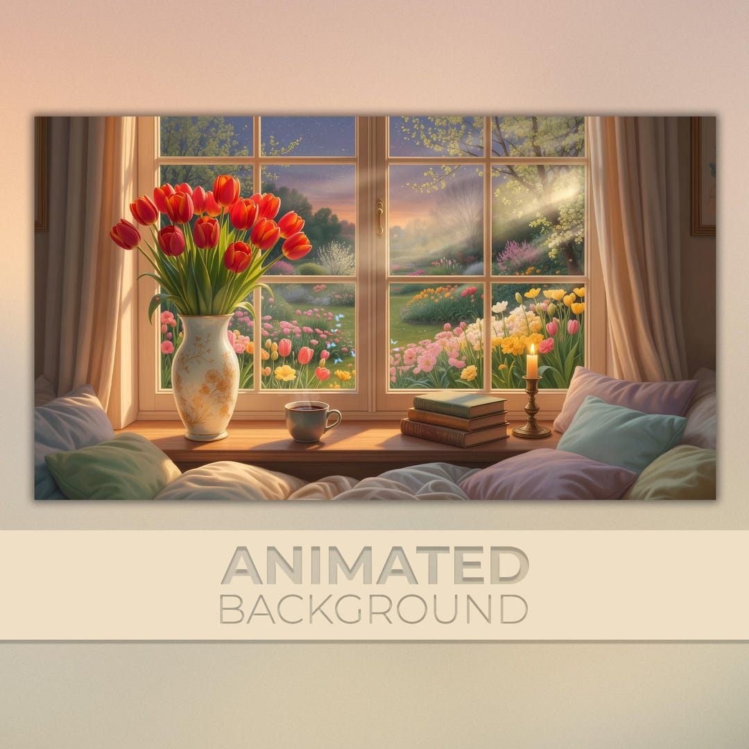 Animated Background, Cozy Spring Window View, Tulips and Garden ...