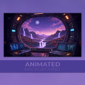 May include: An animated background image featuring a futuristic spaceship interior with a large oval window. The window reveals a scenic landscape with waterfalls, mountains, and a full moon. The text "ANIMATED BACKGROUND" is at the bottom.