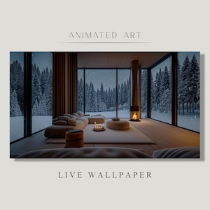 May include: A cosy living room with a large window overlooking a snowy forest. The room features a modern sofa, a fireplace, and a coffee table with candles. The image is a live wallpaper.