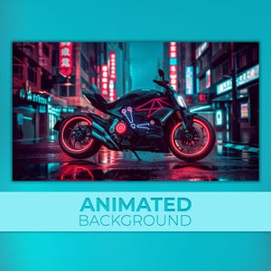 Animated Background, Cyberpunk Bike, Neon Night City, Synthwave Aesthetic, Glow Motorcycle, Twitch Stream Zoom Vtuber Background