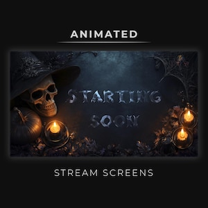 Peut inclure: Écran de diffusion animé sur le thème d'Halloween. Il présente un crâne portant un chapeau de sorcière, des citrouilles, des bougies et les mots "Starting Soon". L'arrière-plan est sombre avec une toile d'araignée.