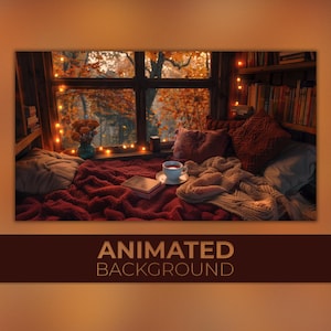 Animated Background, Romantic Autumn Atmosphere, Books and Hot Tea, Fall Immersion, Cozy Autumn Corner, Twitch Stream Zoom Vtuber Background