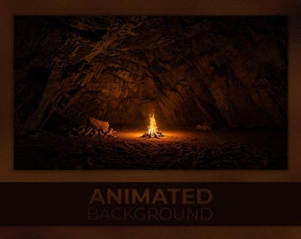 Puede incluir: Imagen digital de una fogata ardiendo brillantemente dentro de una cueva oscura. Las llamas son naranjas y amarillas, iluminando las rocas y la arena circundantes. El texto "ANIMATED BACKGROUND" está en la parte inferior.