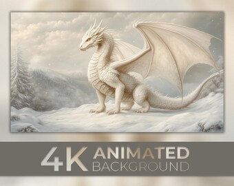 May include: A white dragon with large wings stands on a snowy landscape. The dragon has a long tail and a pointed snout. The background is a snowy forest with a cloudy sky.