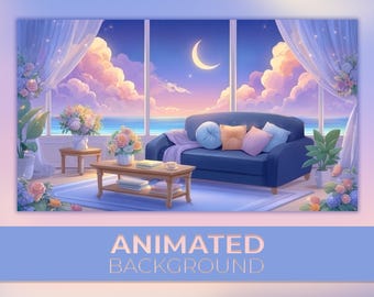 Vtuber Animated Background, Serene Living Room, Cozy Lofi, Cozy Ambience, Floral Dream Room, Lavender Sky, Twitch Stream Vtuber Background