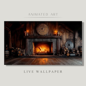 Op de afbeelding: Een knusse houten hutteninterieur met een open haard, een groot schild aan de muur en een houten vloer. De open haard is aangestoken en de vlammen zijn zichtbaar. Het schild is versierd met ingewikkelde ontwerpen.