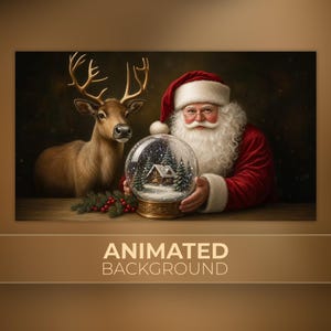 Könnte beinhalten: Der Weihnachtsmann mit weißem Bart und roter Mütze hält eine Schneekugel aus Glas mit einer Miniaturhütte und Tannenbäumen. Ein braunes Rentier steht neben ihm, und ein Zweig mit grünen Tannennadeln und roten Beeren liegt auf der Holzoberfläche.