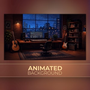 May include: A music studio room featuring a wooden desk with a computer monitor, keyboard, and speakers. An office chair sits on a patterned rug. Two guitars, a bookshelf, and a window showing a rainy city skyline at night are visible.