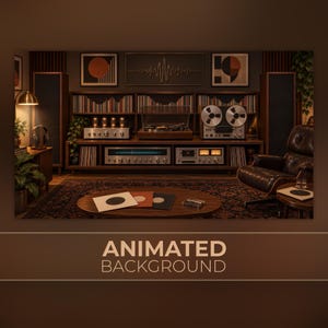May include: A room featuring a wooden media console with a turntable, reel-to-reel tape recorder, tube amplifier, and receiver. Shelves hold vinyl records, while a leather lounge chair sits nearby. The text ANIMATED BACKGROUND appears below.