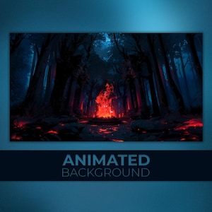 Puede incluir: Un fondo animado que presenta una escena de fogata en un bosque oscuro. La obra de arte muestra árboles altos y silueteados con una llama brillante y ardiente en el centro, que proyecta un brillo cálido. El texto "ANIMATED BACKGROUND" se muestra en la parte inferior.