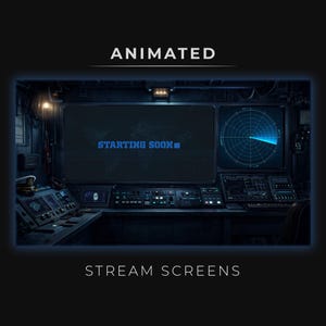 Può includere: Schermo di streaming animato con un'estetica scura e futuristica. Lo schermo visualizza il testo "STARTING SOON" in blu. Un radar è visibile sulla destra. La parola "ANIMATED" è in alto e "STREAM SCREENS" in basso.