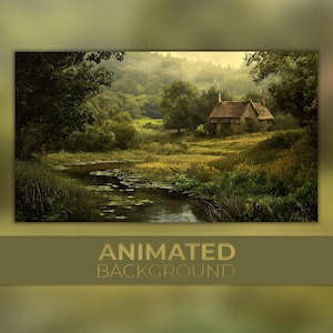 Animated Background, England Fairy Cottage, Rainy Meadow, Tranquil Forest, Cozy Nature, Twitch Stream Zoom Vtuber Background