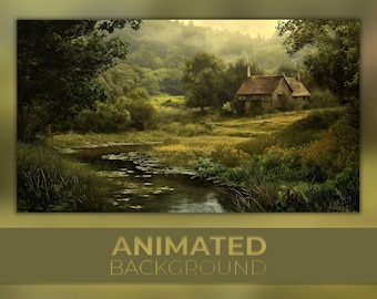Animerad bakgrund, Englands älvstuga, regnig äng, lugn skog, mysig natur, Twitch Stream Zoom Vtuber-bakgrund