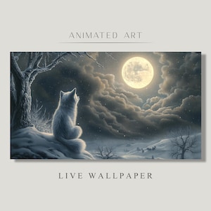 May include: Animated art live wallpaper featuring a white wolf gazing at a full moon in a snowy landscape. The artwork is in shades of gray and white, with a detailed depiction of clouds and trees. The text "ANIMATED ART" and "LIVE WALLPAPER" are displayed.