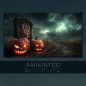 Peut inclure: Une scène d'Halloween effrayante avec deux citrouilles sculptées aux visages orange lumineux, une pierre tombale usée et un ciel sombre et menaçant. Les mots "ANIMATED BACKGROUND" sont en bas de l'image, suggérant un produit numérique.