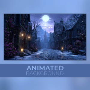 Animated Background, Old Snowy Town, Medieval Village, Cozy Snowfall, Winter Scene, Silent Night, Twitch Stream Zoom Vtuber Background