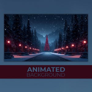 Könnte beinhalten: Animierter Hintergrund eines verschneiten Wintermotivs. Ein roter Weihnachtsbaum steht in der Mitte eines Weges, der von roten Straßenlaternen gesäumt ist. Der Text "ANIMATED BACKGROUND" ist weiß auf einem weinroten Banner dargestellt.