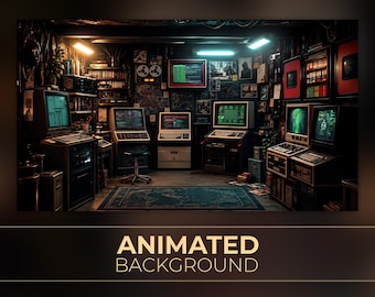 May include: A digital illustration of a retro computer room featuring multiple vintage monitors, keyboards, and server racks with glowing green screens. The room is filled with technical equipment, shelves of tapes, and a world map rug on the floor.