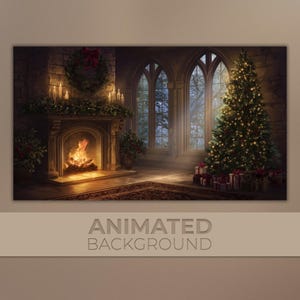 May include: An animated background image of a cozy Christmas scene. A decorated Christmas tree stands next to a window, with wrapped gifts beneath. A fireplace with a burning fire and candles is in the foreground. The text "ANIMATED BACKGROUND" is at the bottom.