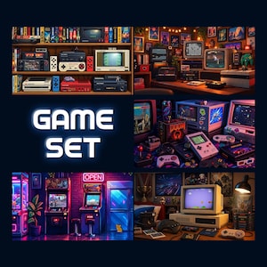 アニメーション背景、ゲームセット、レトロゲームバイブス、ゲーム背景、8ビットレジェンド、クラシックコンソール、TwitchストリームズームVtuber背景