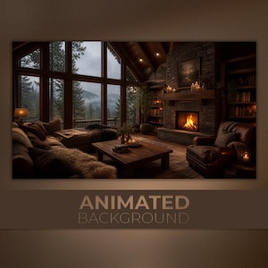 Puede incluir: Interior de cabaña acogedor con una gran ventana con vistas a un bosque brumoso. Una chimenea con fuego encendido es el punto focal, rodeada de un sillón de cuero, una mesa de centro de madera y un sofá seccional. El texto "ANIMATED BACKGROUND" está en la parte inferior.