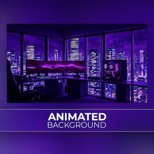 May include: A gaming setup featuring a triple monitor display with purple wave graphics, a computer tower with internal purple lighting, and a keyboard on a desk, all positioned before a large window overlooking a rainy city skyline at night.