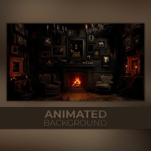Animierter Hintergrund, Mystische Galerie, Verwunschene Herde, verwunschenes Portrait Zimmer, Dunkle Dunkelheit im Dunklen Twitch Stream Zoom Vtuber Hintergrund