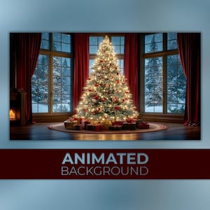 May include: A Christmas tree decorated with lights and ornaments stands in front of a window with a snowy view. Red curtains frame the window. Presents are under the tree. The text "ANIMATED BACKGROUND" is at the bottom.