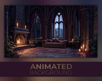 Arrière-plan animé, chambre gothique, salle du château, salon de la rose sanguine, trône au clair de lune, soirée vampire, flux Twitch zoom arrière-plan Vtuber