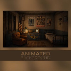 May include: An animated background depicting a vintage military room. The room features a brown armchair, a bed, and a blue trunk with a star emblem. Posters with text are on the wall, and an American flag is visible. The text "ANIMATED BACKGROUND" is at the bottom.