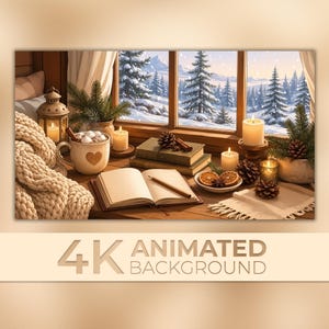 May include: A cozy winter scene featuring an open notebook with a pencil, a mug of hot cocoa with a heart design, stacked books, pinecones, dried orange slices, and lit candles on a wooden surface, with a snowy forest view through a window.