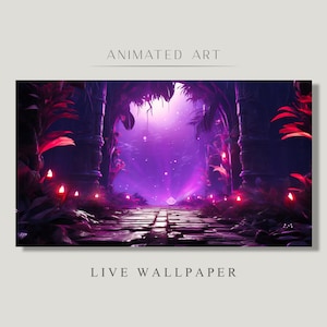 May include: Digital art of a mystical pathway. The image features a stone path leading into a glowing purple and pink forest. The words "ANIMATED ART" and "LIVE WALLPAPER" are displayed.